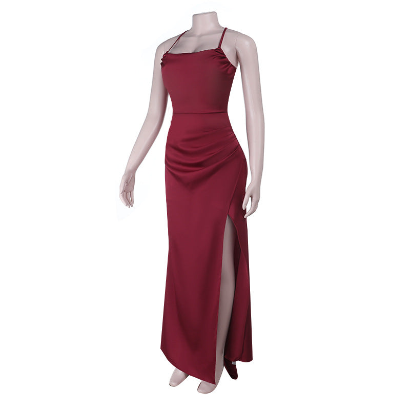 Elegant Wine Red Satin Maxi Dress | High Slit & Criss-Cross Back - Holiday & Evening Glamour