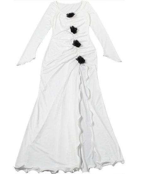 Gothic Chic Winter White Maxi Dress - Elegant Ruched Long Sleeve with High Slit & Floral Appliques for Holiday Parties