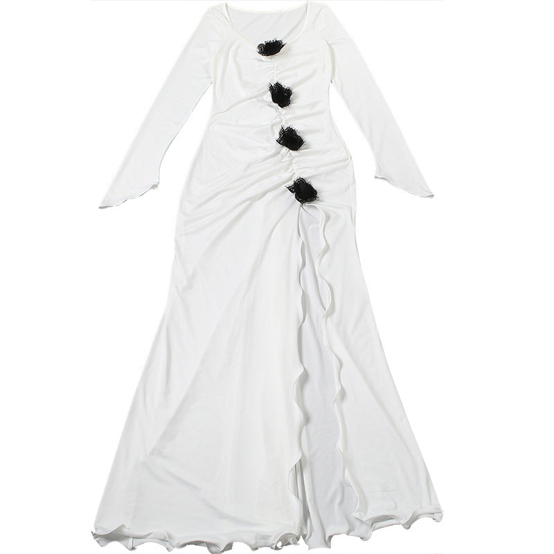 Gothic Chic Winter White Maxi Dress - Elegant Ruched Long Sleeve with High Slit & Floral Appliques for Holiday Parties