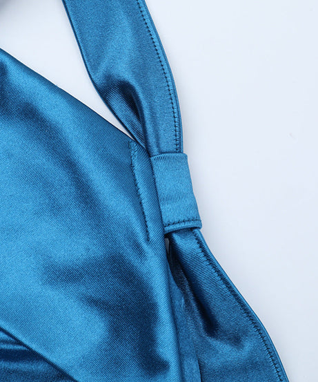 Glamorous Teal Satin One-Shoulder Maxi Dress | High Slit & Backless for Holiday & New Year's Eve