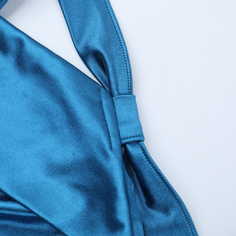 Glamorous Teal Satin One-Shoulder Maxi Dress | High Slit & Backless for Holiday & New Year's Eve