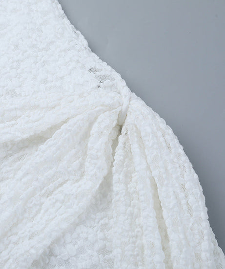 Dazzling White Long Sleeve Ruched Mini Dress with Asymmetrical Drape - Your Holiday Party & NYE Statement Piece!