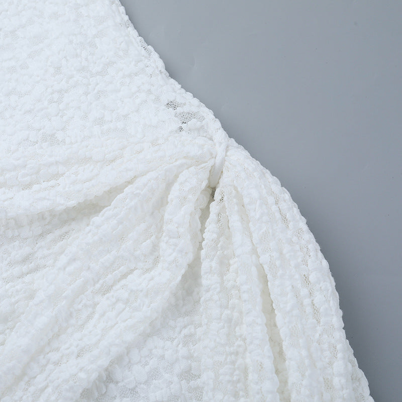 Dazzling White Long Sleeve Ruched Mini Dress with Asymmetrical Drape - Your Holiday Party & NYE Statement Piece!