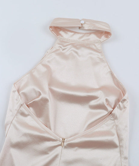 Radiant Blush Satin Halter Maxi Gown with Chic Bow Tie - Elegant Open Back for Holiday Galas & Weddings