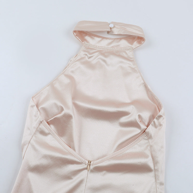 Radiant Blush Satin Halter Maxi Gown with Chic Bow Tie - Elegant Open Back for Holiday Galas & Weddings