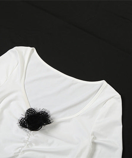 Gothic Chic Winter White Maxi Dress - Elegant Ruched Long Sleeve with High Slit & Floral Appliques for Holiday Parties