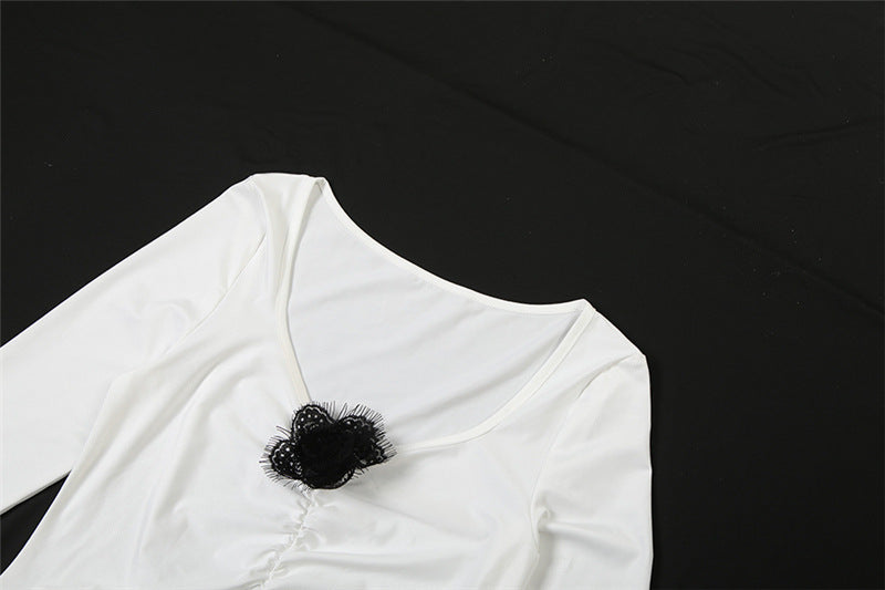 Gothic Chic Winter White Maxi Dress - Elegant Ruched Long Sleeve with High Slit & Floral Appliques for Holiday Parties