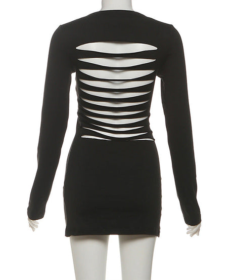 Sultry Nights: Daring Cut-Out Back Long Sleeve Mini Dress - Your Ultimate Holiday Party Statement