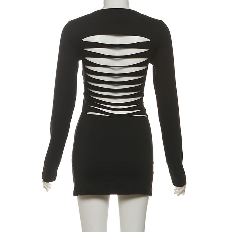 Sultry Nights: Daring Cut-Out Back Long Sleeve Mini Dress - Your Ultimate Holiday Party Statement