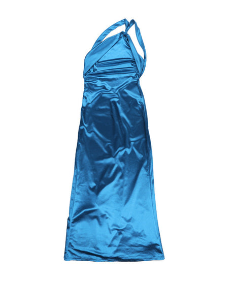 Glamorous Teal Satin One-Shoulder Maxi Dress | High Slit & Backless for Holiday & New Year's Eve