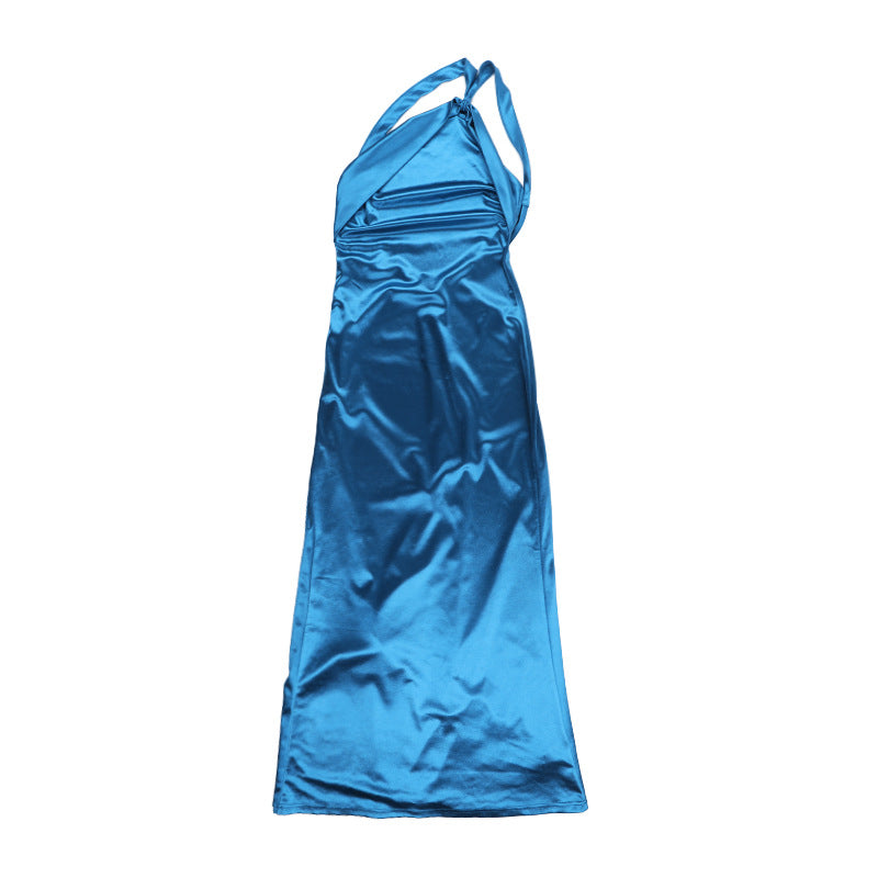 Glamorous Teal Satin One-Shoulder Maxi Dress | High Slit & Backless for Holiday & New Year's Eve