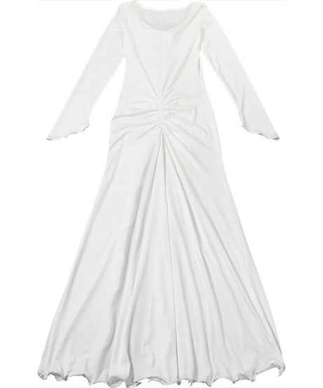 Gothic Chic Winter White Maxi Dress - Elegant Ruched Long Sleeve with High Slit & Floral Appliques for Holiday Parties