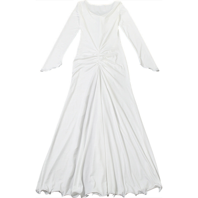 Gothic Chic Winter White Maxi Dress - Elegant Ruched Long Sleeve with High Slit & Floral Appliques for Holiday Parties