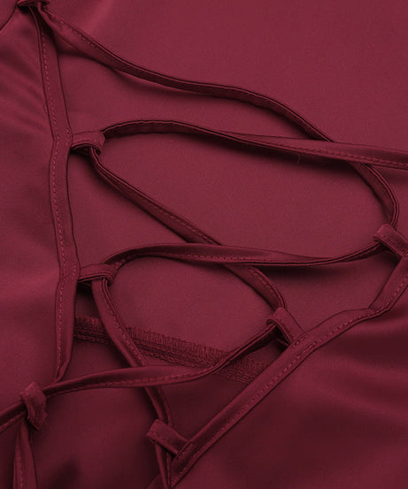 Elegant Wine Red Satin Maxi Dress | High Slit & Criss-Cross Back - Holiday & Evening Glamour