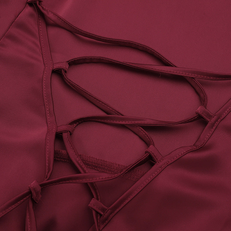 Elegant Wine Red Satin Maxi Dress | High Slit & Criss-Cross Back - Holiday & Evening Glamour