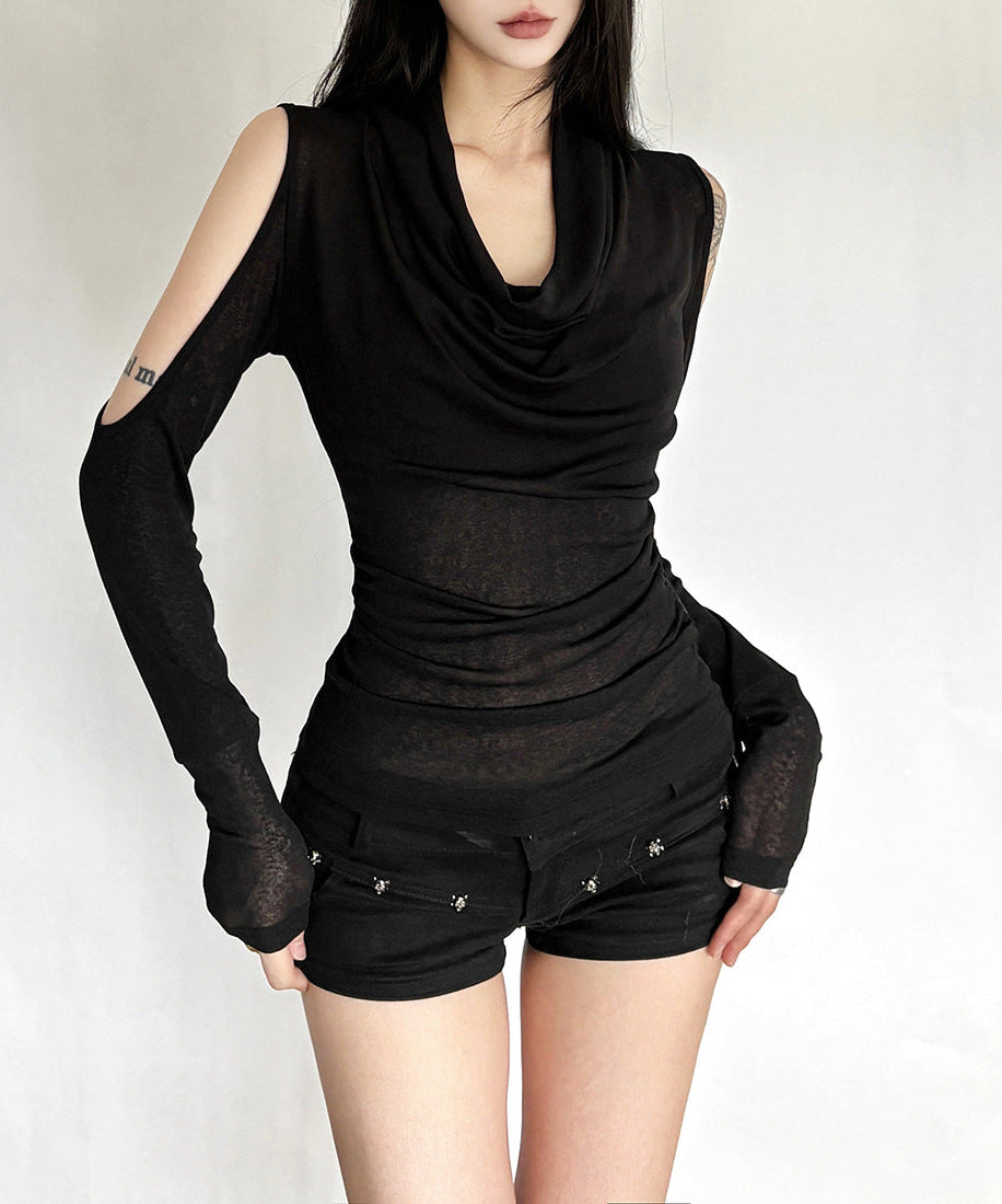Gothic Glam Sheer Cowl Neck Top - Off-Shoulder Ruched Party Statement for Fall & Holidays