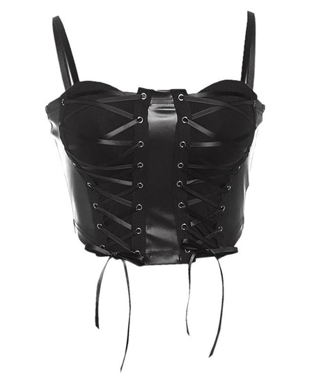 Edgy Glam Black Faux Leather Lace-Up Corset Top | Women's Sexy Cami for Holiday Parties & NYE