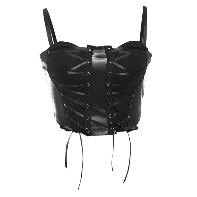 Edgy Glam Black Faux Leather Lace-Up Corset Top | Women's Sexy Cami for Holiday Parties & NYE