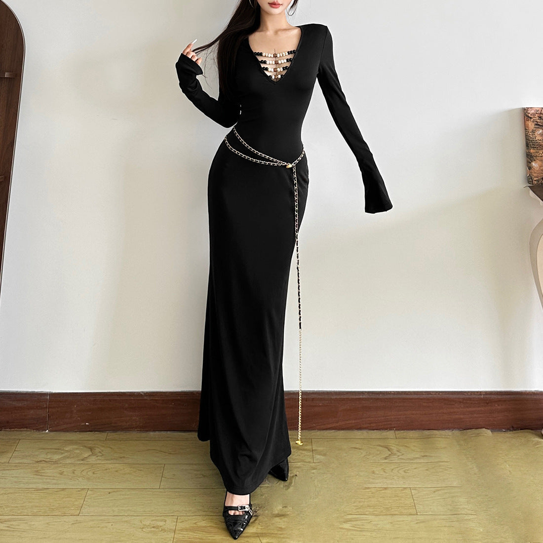 Midnight Glamour Beaded V-Neck Maxi Dress with Gold Chain Belt – Holiday & New Year's Eve Perfect
