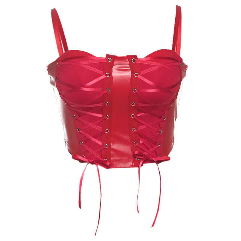 Edgy Glam Black Faux Leather Lace-Up Corset Top | Women's Sexy Cami for Holiday Parties & NYE