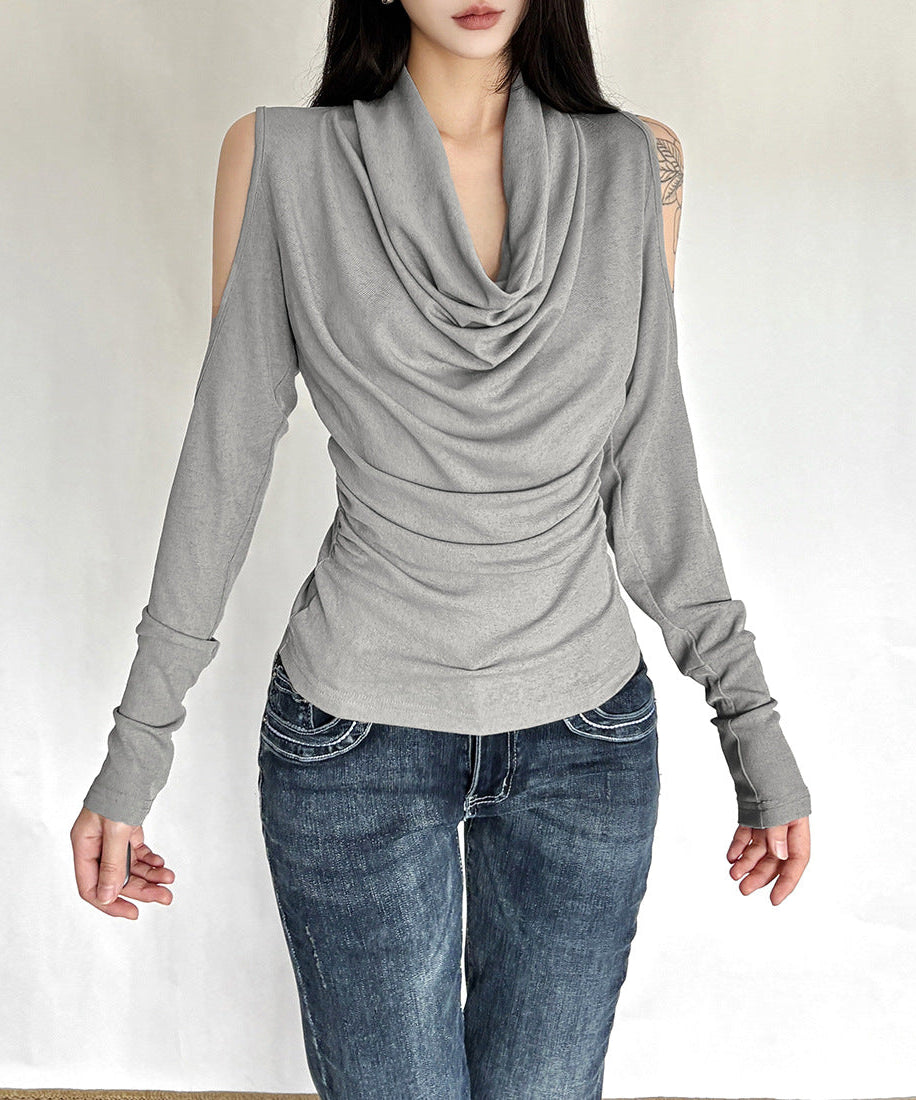 Gothic Glam Sheer Cowl Neck Top - Off-Shoulder Ruched Party Statement for Fall & Holidays