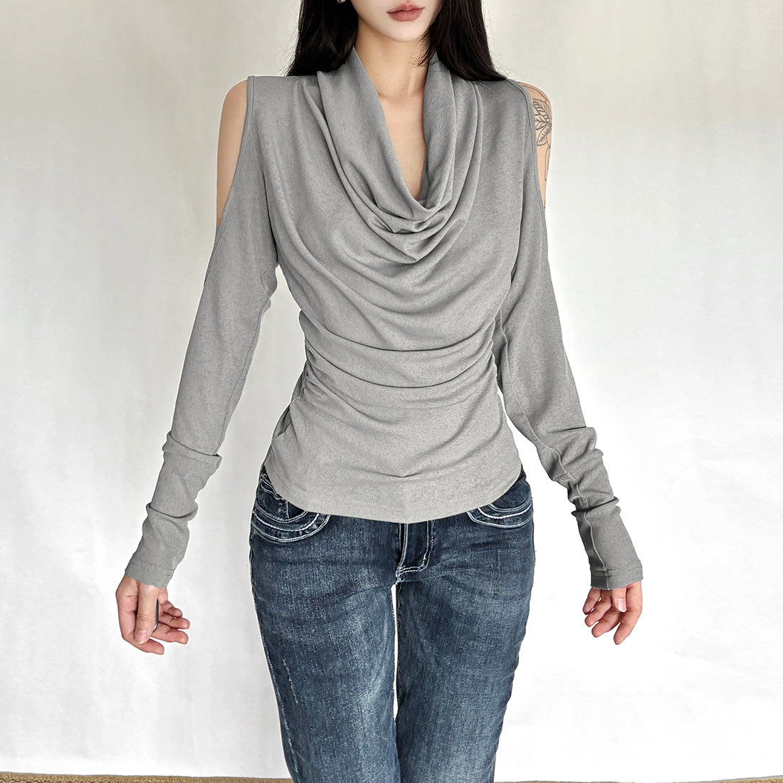 Gothic Glam Sheer Cowl Neck Top - Off-Shoulder Ruched Party Statement for Fall & Holidays