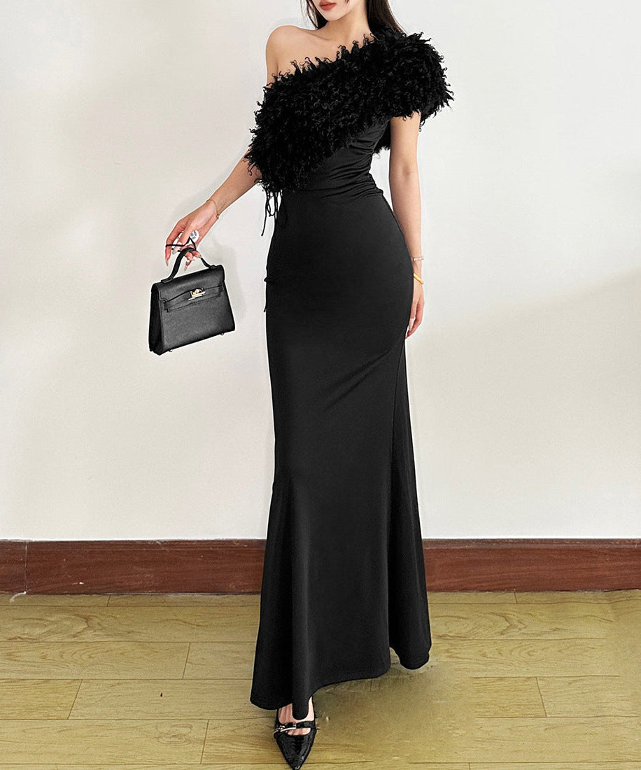 Chic Black Fluffy One-Shoulder Maxi Dress - Holiday Gala & Evening Events