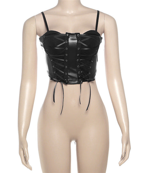 Edgy Glam Black Faux Leather Lace-Up Corset Top | Women's Sexy Cami for Holiday Parties & NYE