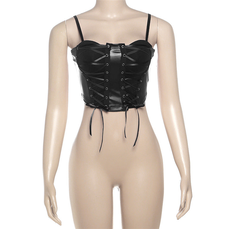 Edgy Glam Black Faux Leather Lace-Up Corset Top | Women's Sexy Cami for Holiday Parties & NYE