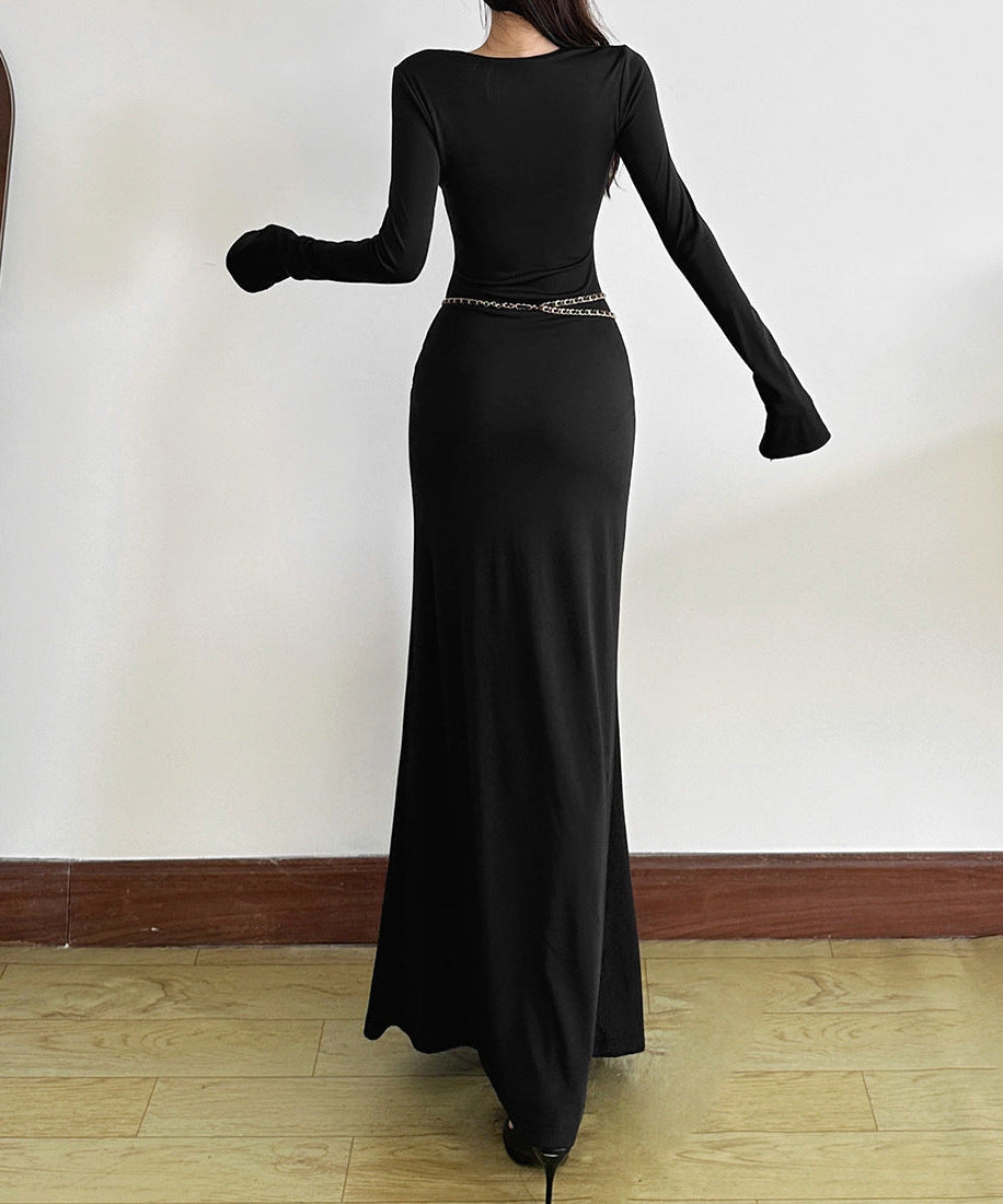 Midnight Glamour Beaded V-Neck Maxi Dress with Gold Chain Belt – Holiday & New Year's Eve Perfect