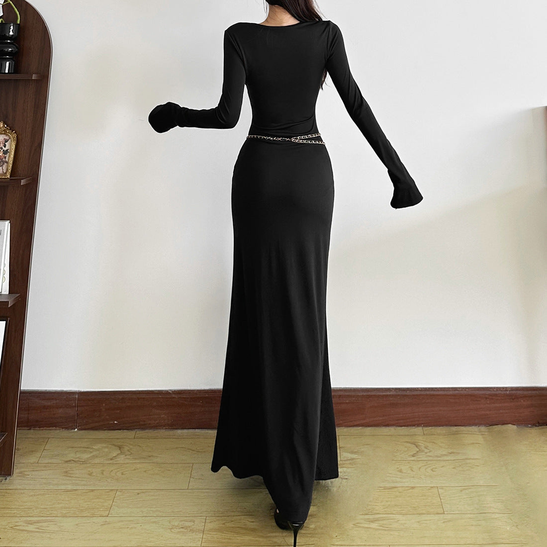 Midnight Glamour Beaded V-Neck Maxi Dress with Gold Chain Belt – Holiday & New Year's Eve Perfect