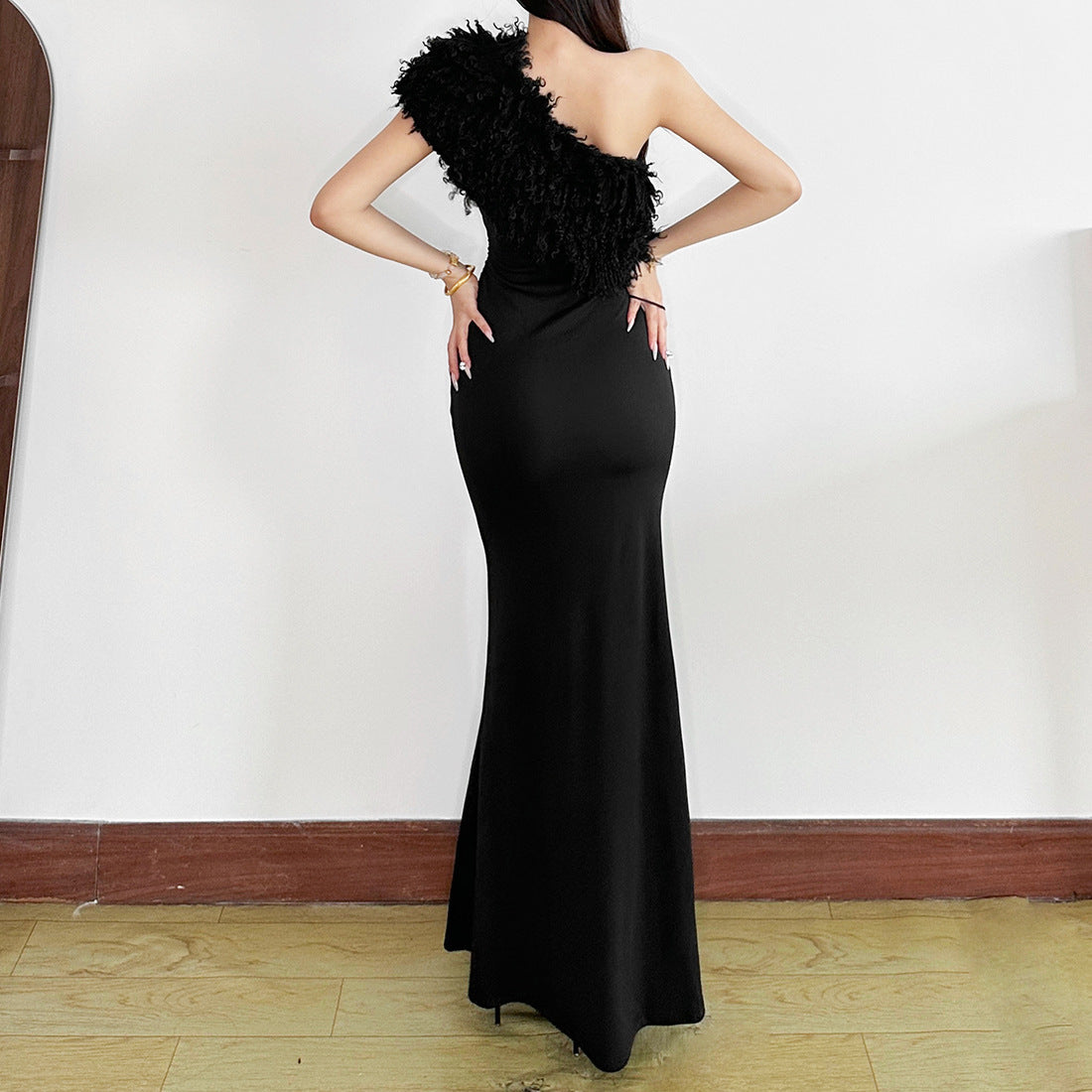 Chic Black Fluffy One-Shoulder Maxi Dress - Holiday Gala & Evening Events