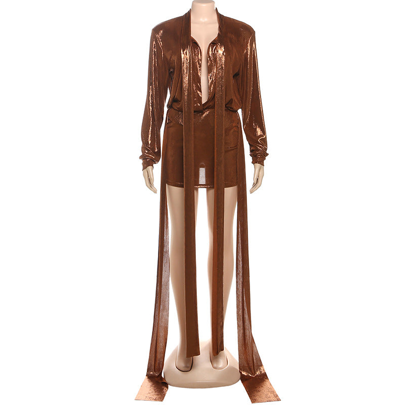 Iridescent Shimmer Tie-Neck Mini Skirt Set: Your Holiday Party & NYE Statement