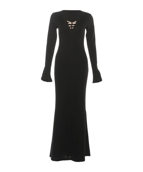 Midnight Glamour Beaded V-Neck Maxi Dress with Gold Chain Belt – Holiday & New Year's Eve Perfect