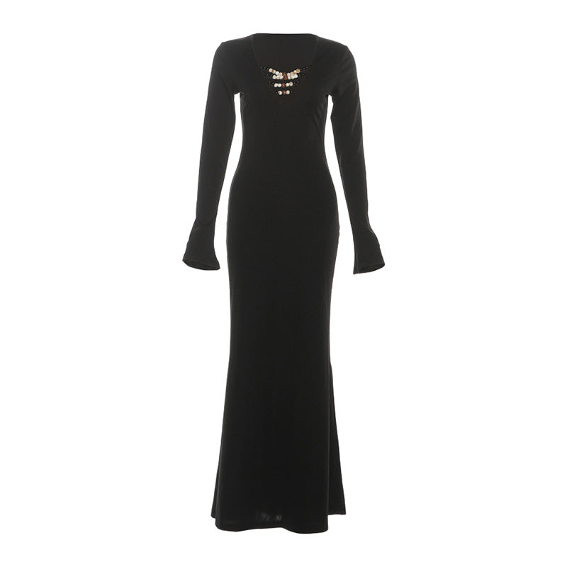 Midnight Glamour Beaded V-Neck Maxi Dress with Gold Chain Belt – Holiday & New Year's Eve Perfect