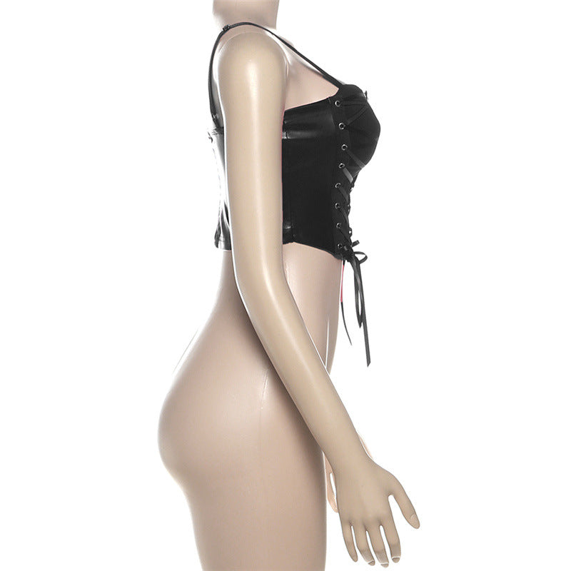 Edgy Glam Black Faux Leather Lace-Up Corset Top | Women's Sexy Cami for Holiday Parties & NYE