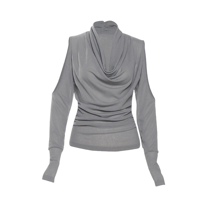 Gothic Glam Sheer Cowl Neck Top - Off-Shoulder Ruched Party Statement for Fall & Holidays