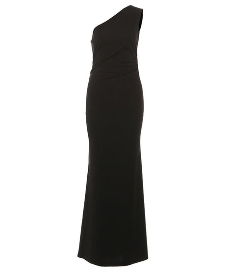 Chic Black Fluffy One-Shoulder Maxi Dress - Holiday Gala & Evening Events