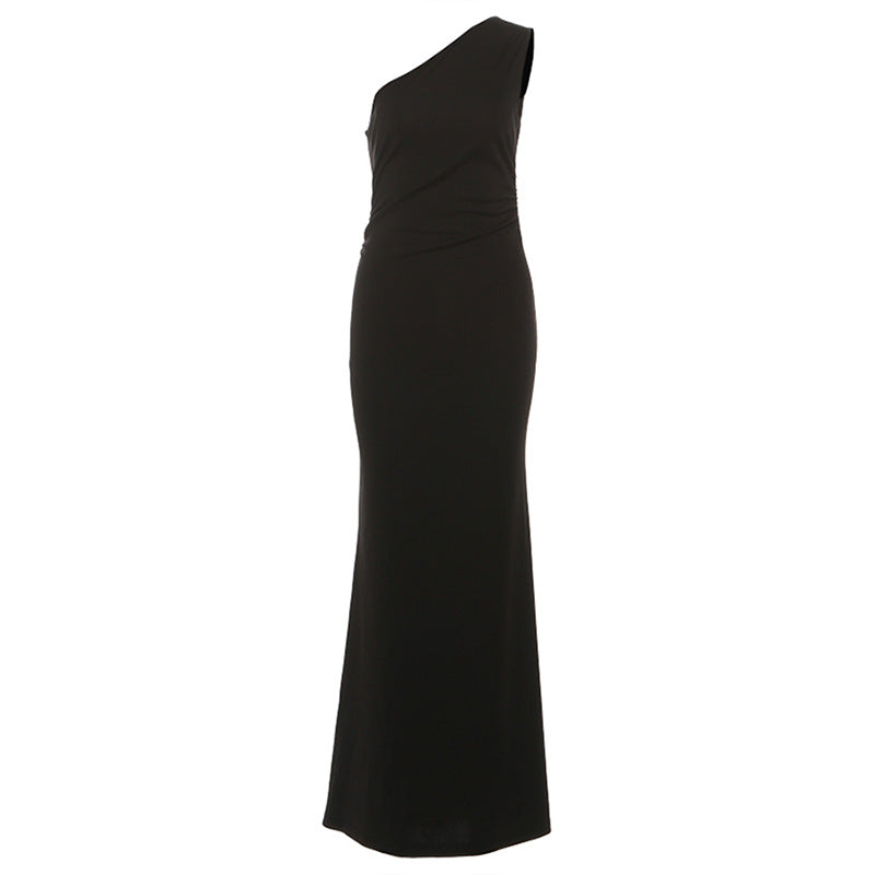 Chic Black Fluffy One-Shoulder Maxi Dress - Holiday Gala & Evening Events