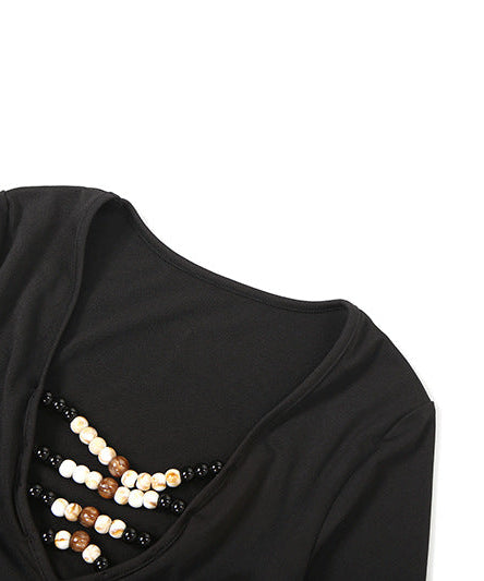 Midnight Glamour Beaded V-Neck Maxi Dress with Gold Chain Belt – Holiday & New Year's Eve Perfect