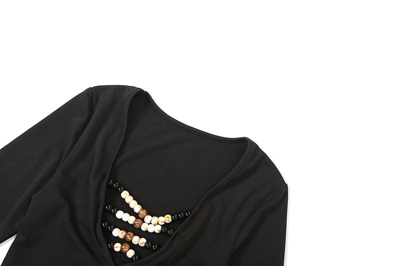 Midnight Glamour Beaded V-Neck Maxi Dress with Gold Chain Belt – Holiday & New Year's Eve Perfect