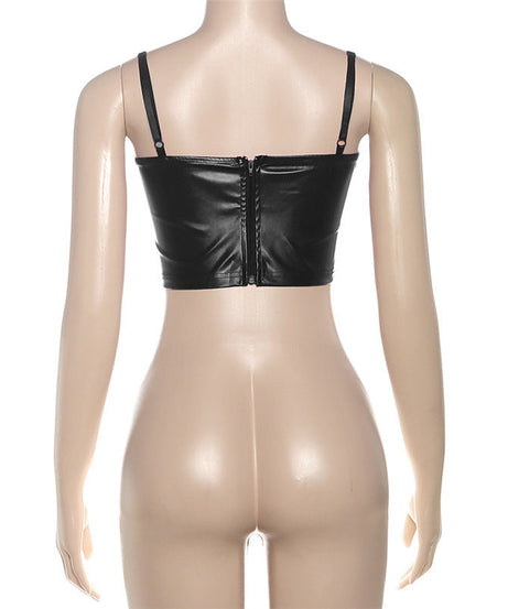 Edgy Glam Black Faux Leather Lace-Up Corset Top | Women's Sexy Cami for Holiday Parties & NYE