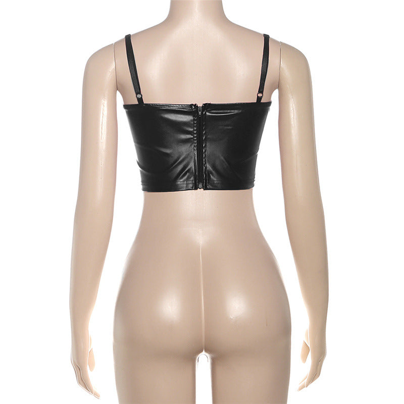 Edgy Glam Black Faux Leather Lace-Up Corset Top | Women's Sexy Cami for Holiday Parties & NYE