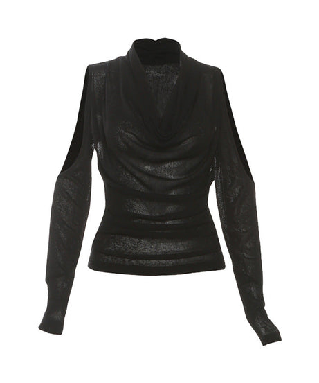 Gothic Glam Sheer Cowl Neck Top - Off-Shoulder Ruched Party Statement for Fall & Holidays