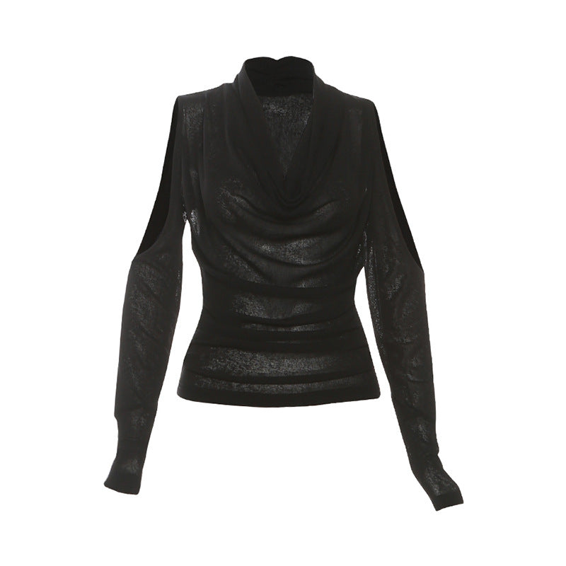 Gothic Glam Sheer Cowl Neck Top - Off-Shoulder Ruched Party Statement for Fall & Holidays