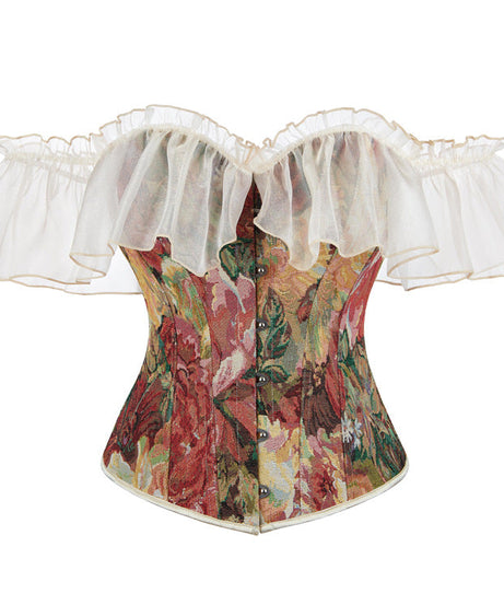 Autumn Enchantment Floral Tapestry Corset Top - Romantic Off-Shoulder Ruffle
