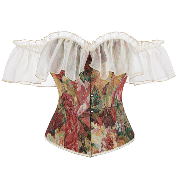 Autumn Enchantment Floral Tapestry Corset Top - Romantic Off-Shoulder Ruffle