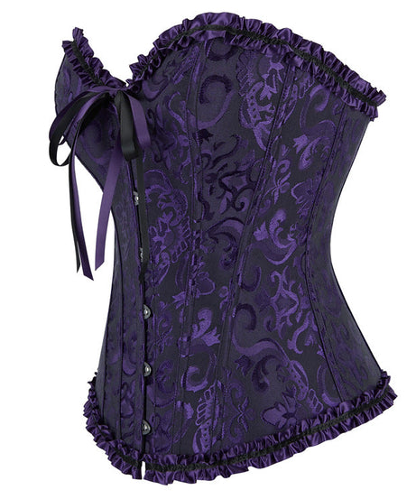 Enchanting Plum Brocade Corset Top with Ruffle Trim | Perfect for Halloween, Fall & Holiday Parties