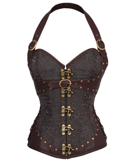 Women's Steampunk Halter Corset Top - Brocade & Buckle Goth-Chic for Halloween & Fall Parties