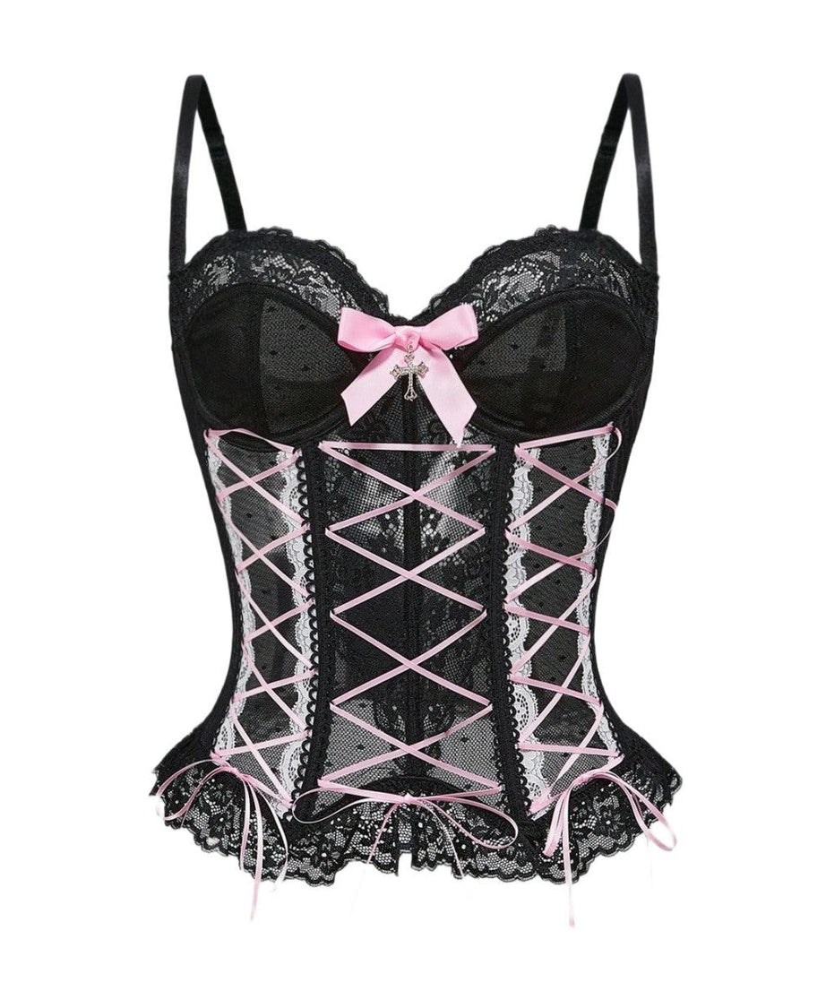 Gothic Romance Black Lace Corset Top with Pink Ribbon & Cross Charm - Halloween & Party Ready!
